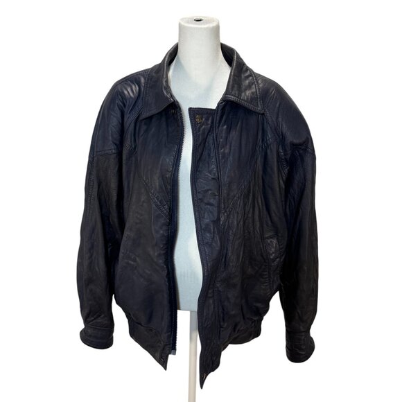 Vintage Navy Blue Leather Bomber Jacket, Shoulder Pads, Retro Outerwear - Picture 3 of 5